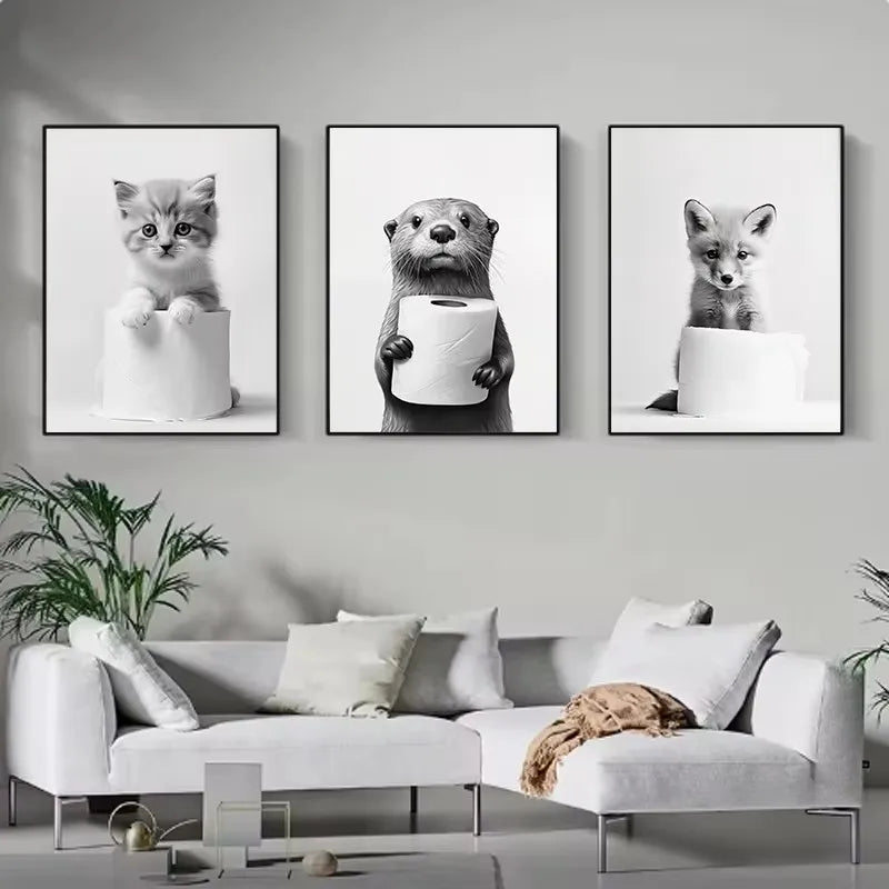 Black And White Cute Animals Canvas Painting Poster Funny Toilet Paper Otter Cat Tiger Wall Art Print Picture for Bathroom Decor Black And White Cute Animals Canvas Painting Poster Funny Toilet Paper Otter Cat Tiger Wall Art Print Picture for Bathroom Decor